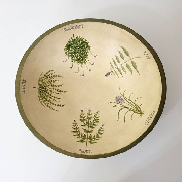 Hand Painted Folk Art Dough Bowl with Herbs - Picture 2 of 4